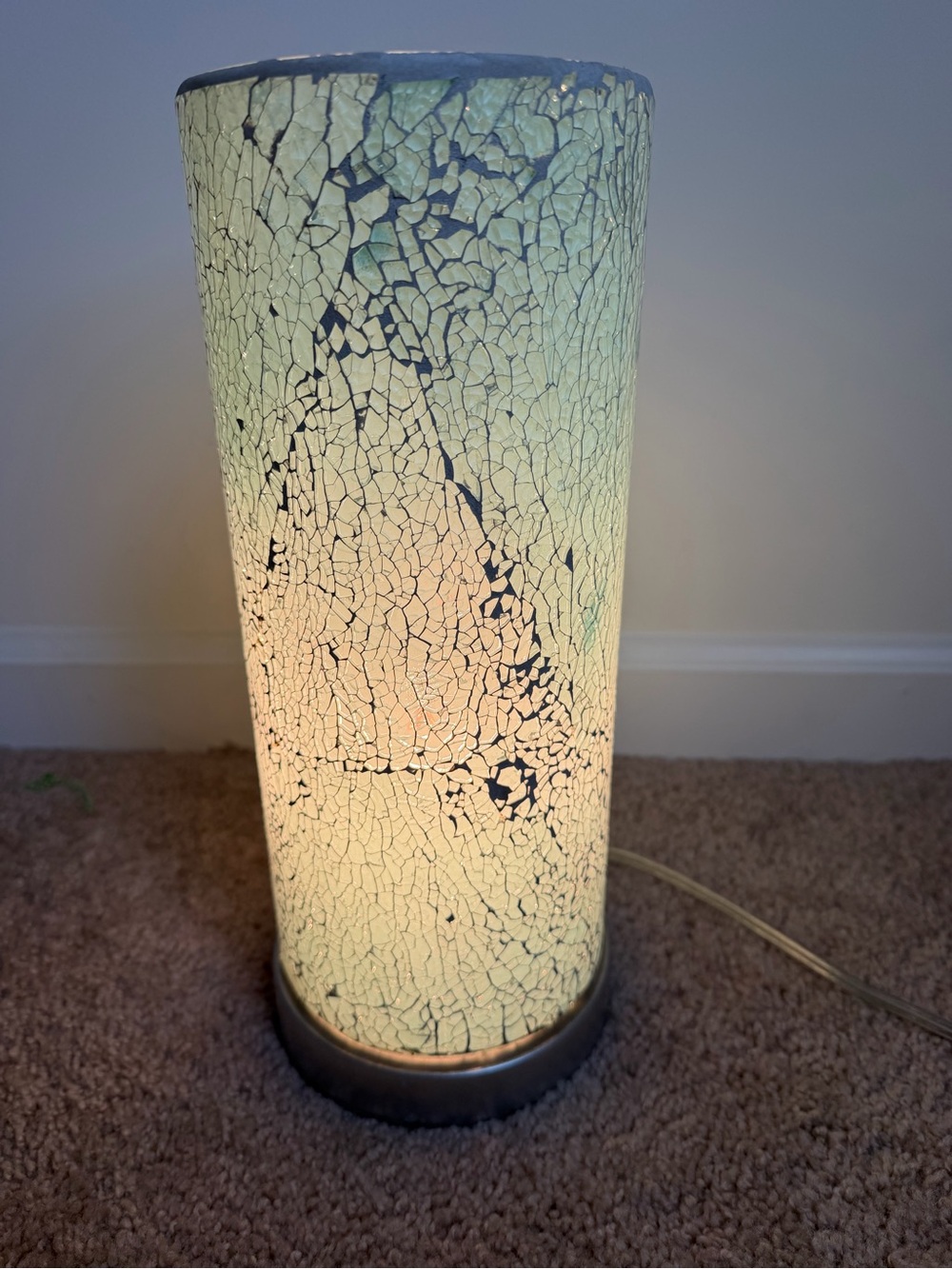 Turquoise Aqua Crackle Glass Cylinder Table Lamp Mid Century Style Light 13" H